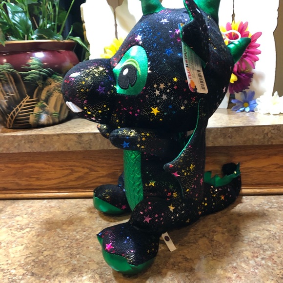 Toy Factory Plush Paradise 16" Black/Green Dragon w/Multicolor Metallic Stars - Picture 5 of 8